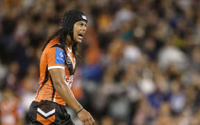 SYDNEY, AUSTRALIA - MARCH 30: Jarome Luai of the Wests Tigers reacts during the round four NRL match between Wests Tigers and New Zealand Warriors at Campbelltown Sports Stadium, on March 30, 2025, in Sydney, Australia. (Photo by Darrian Traynor/Getty Images)