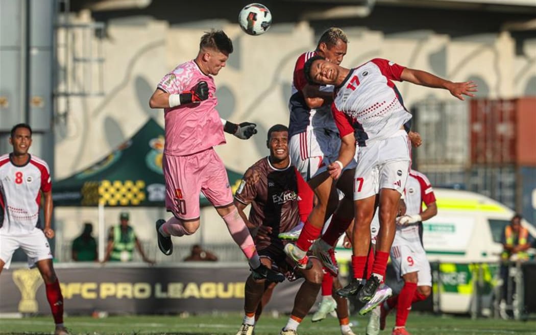 Pressure on the Bula FC goalmouth as Tahiti United attacks in their OFC Pro League clash in Port Moresby on Sunday. Photo: OFC