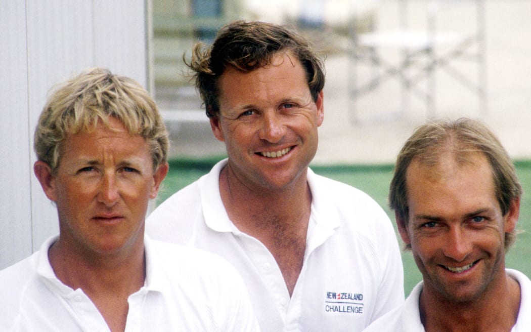 (L to R) Peter Lester, Rod Davis and David Barnes - part of the New Zealand crew of KZ 1 for the 1988 America's Cup challenge.