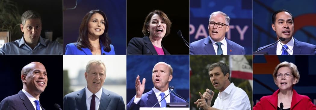 Tim Ryan, Rep. Tulsi Gabbard, Sen. Amy Klobuchar, Gov.Jay Inslee, Julian Castro,(2nd row bottom) Sen.Cory Booker, New York City Mayor Bill de Blasio, former Rep.John Delaney, Beto O'Rourke, and Sen. Elizabeth Warren. -