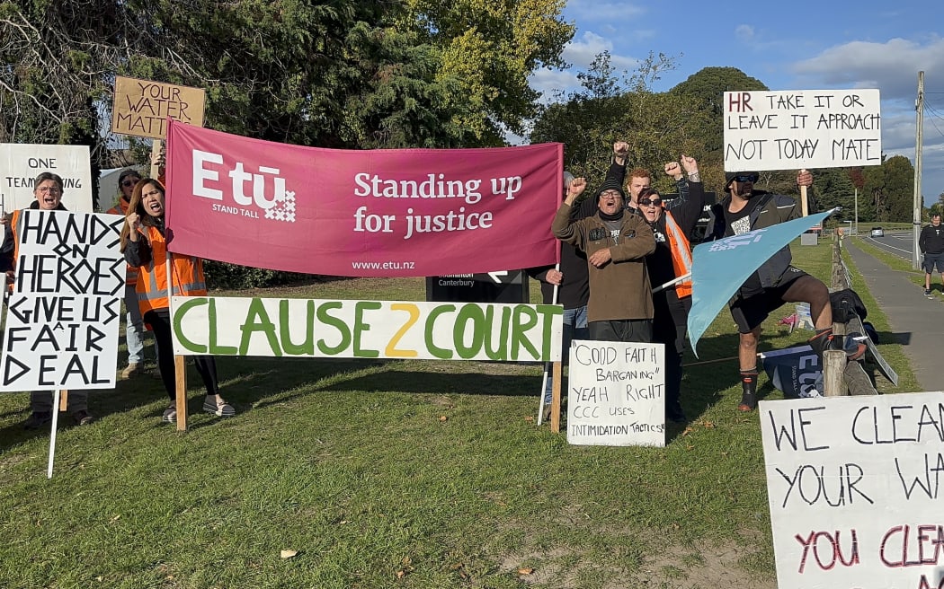 Workers picket the Christchurch wastewater plant.