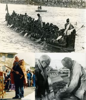 Top: 33 Nga Toki 1974, Hec amid ships, . Bottom left: whaikorero at Kerikeri stone house. Bottom right: With Dan Whiu, carving canoe house.