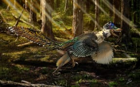 An artist's impression of Zhenyuanlong in a Cretaceous forest.