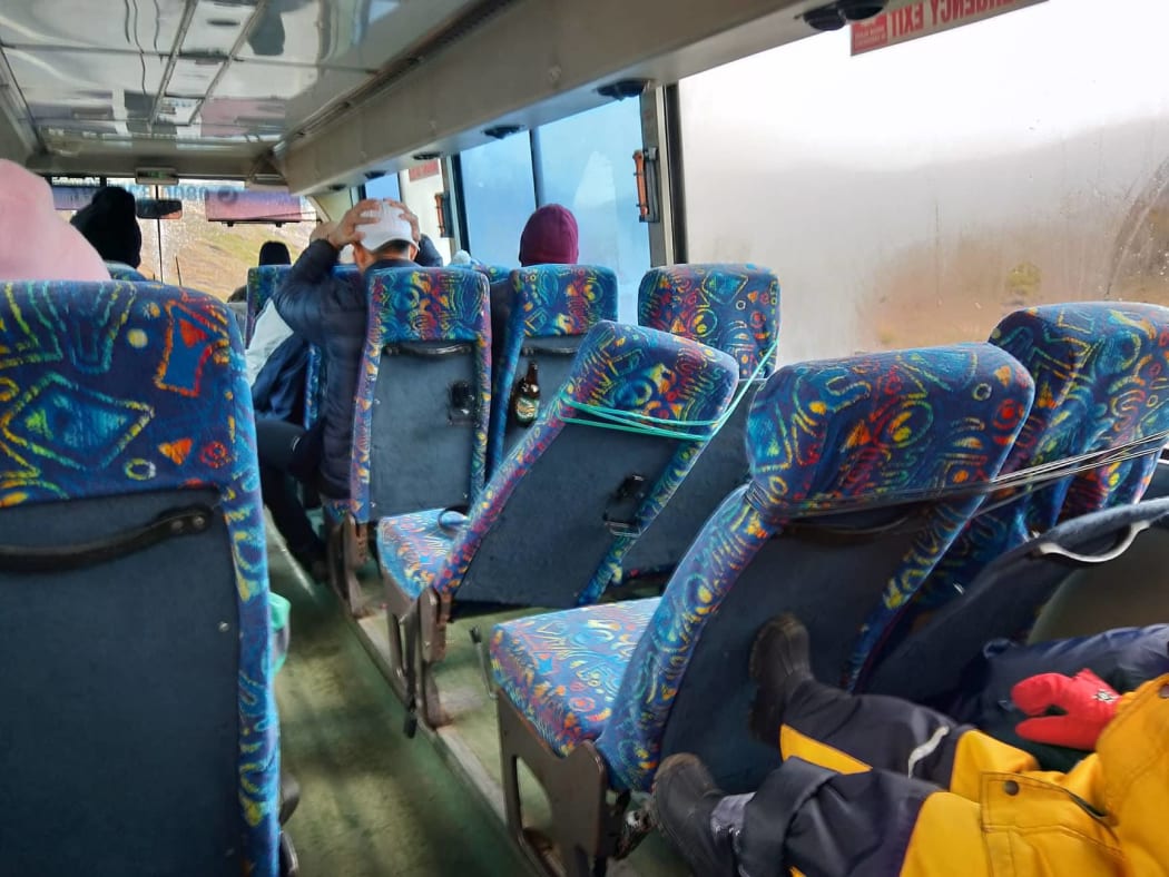 Photos taken inside a bus, understood to be operated by Ruapehu Alpine Lifts, show seats tied up with wire.