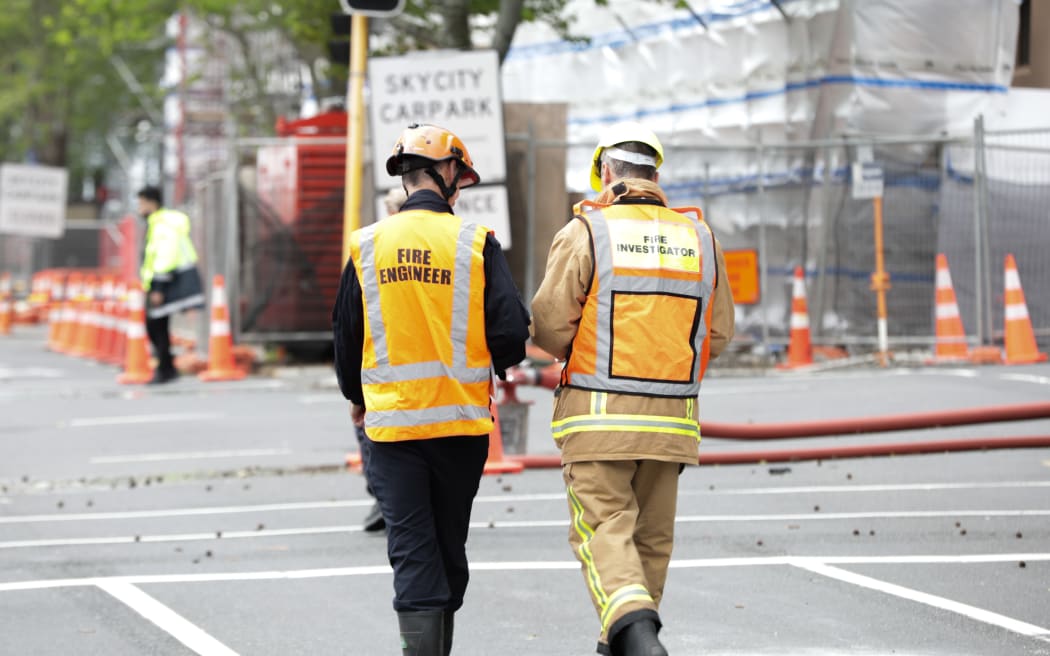 Fire and Emergency crew near SkyCity, where they had been battling a fire on the roof of the under-construction convention centre.