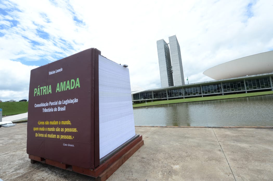 The book "Patria Amada (Beloved Motherland)" is displayed in front of the National Congress in Brasilia, in protest against the Brazilian tax system bureaucracy.