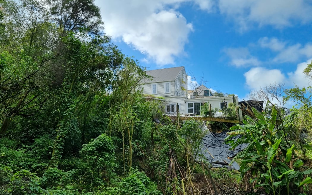The backyard of Luci Harrison's home in Parnell is now the site of a dangerous slip.