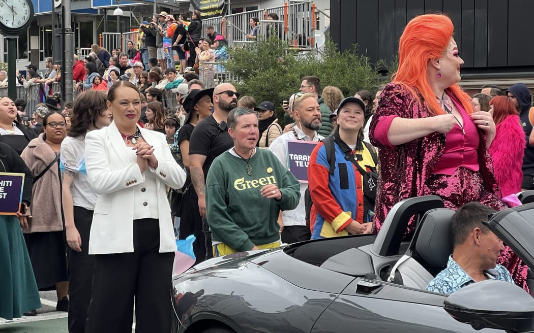 Wellington Mayor Tory Whanau in white, and actor Karen O'Leary, in Green shirt, at the Wellington Pride Parade.