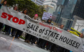 Housing protester outside the Beehive.
