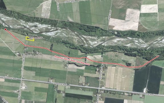 A map showing the area of Opihi River through Pleasant Point where the stopbank has been damaged.