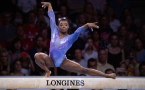 Simone Biles on the balance beam at the Gymnastic World Championships in Stuttgart.