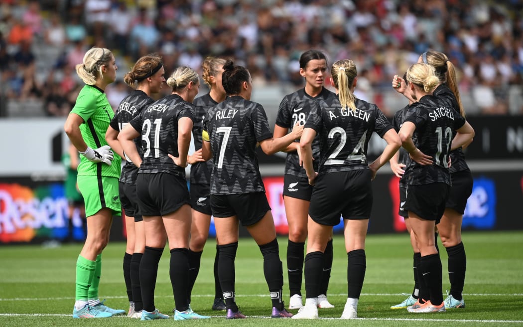 Ali Riley captain of New Zealand talks to her players during the international football friendly match between the New Zealand Football Ferns and the United States at Eden Park 2023.