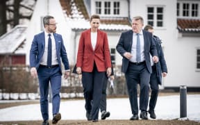 Jakob Ellemann-Jensen of the Liberal Party, Prime Minister Mette Frederiksen of the Social Democrats and Lars Lokke Rasmussen of The Moderates, 14 December 2022.