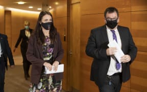 Prime Minister Jacinda Ardern and Deputy Prime Minister Grant Robertson arriving for the post-Cabinet press conference.