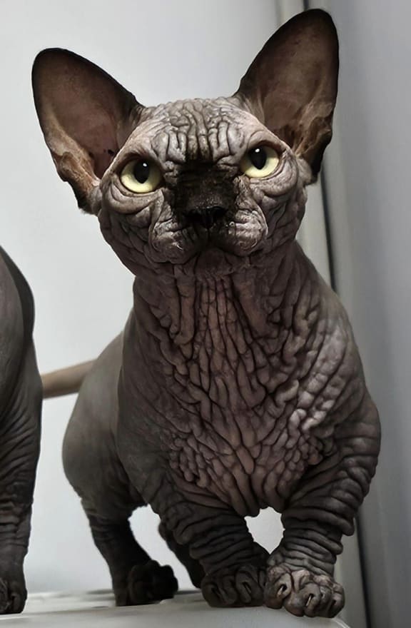 An example of a "bullycat" - a cross between Sphynx and Munchkin cats.