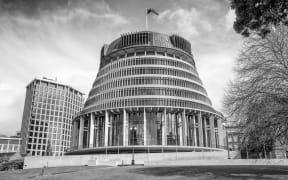 Government buildings including the Beehive on a sunny day. Wellington is one of the major cities of Northern Island.