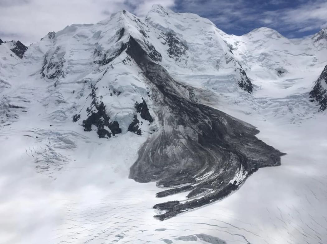 A kilometre long rockfall from Mt Silberhorn onto the Gran Plateau in the Aoraki National Park, near Mt Cook, seen on December 31 last year.