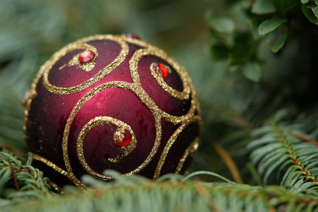 A red and gold Christmas ornament sits on green ferns.