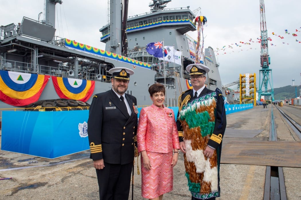 From left, Captain Simon Rooke, Governor-General Dame Patsy Reddy and Chief of Navy Rear Admiral David Proctor at the ship’s naming ceremony yesterday at the Hyundai Shipyard in South Korea.