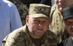 Ukraine's Commander in Chief of the Armed Forces Valeriy Zaluzhnyi, Defence Minister Oleksiy Reznikov and Minister of Internal Affairs Ihor Klymenko attend a celebration ceremony of the Independence Day of Ukraine in Kyiv, August 24, 2023 (Photo by Maxym Marusenko/NurPhoto) (Photo by Maxym Marusenko / NurPhoto / NurPhoto via AFP)