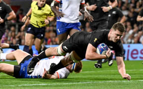 Dalton Papali’i of New Zealand dives to score a try,  Rugby World Cup France 2023.