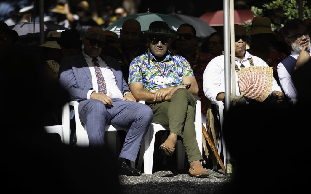 A delegation including representatives from Kīngitanga, Rātana, Parihaka and Te Pāti Māori is welcomed on to Te Whare Rūnanga at the Treaty grounds, on 4 February, 2024.