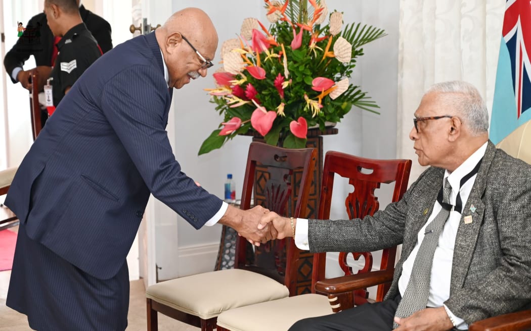 Fiji prime minister Sitiveni Rabuka (left) meets with president Ratu Naiqama Lalabalavu on key national matters, including the recent decision of the High Court concerning the former Commissioner of the Fiji Independent Commission Against Corruption. Wednesday 4 February 2026