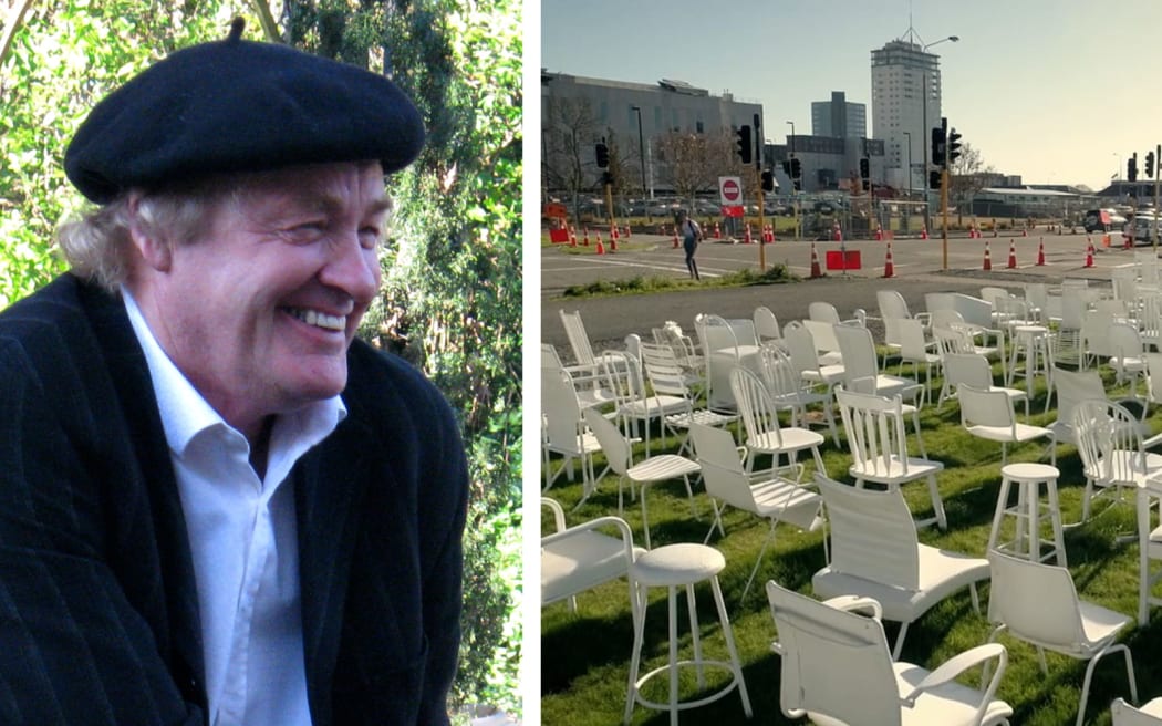A composite image showing Pete Majendie on the left, and his art installation, "185 EMPTY WHITE CHAIRS", on the right. Pete smiles, wearing a beret and suit jacket. Rows of white chairs of different shapes and styles line a grass lot in the centre of Christchurch city.