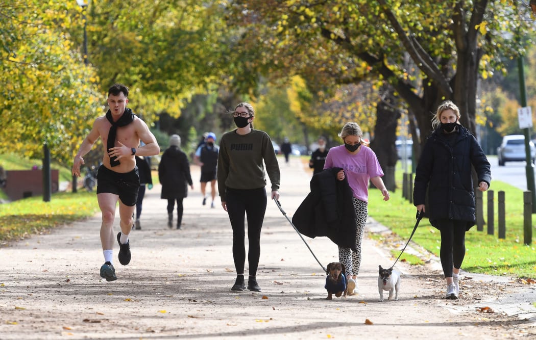 People exercise in Melbourne on Tuesday 1 June, 2021,on the fifth day of a seven-day lockdown as Melburnians prepare for an extension to the lockdown.