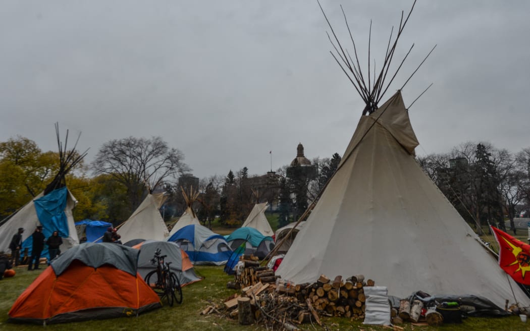 A 'sit-in' camp that began in early October aim to raise awareness of issues facing First Nations communities in Alberta and Canada, including the claim of territory, and the issue of unmarked graves of indigenous children.
22 August 2021, in Alberta, Canada.