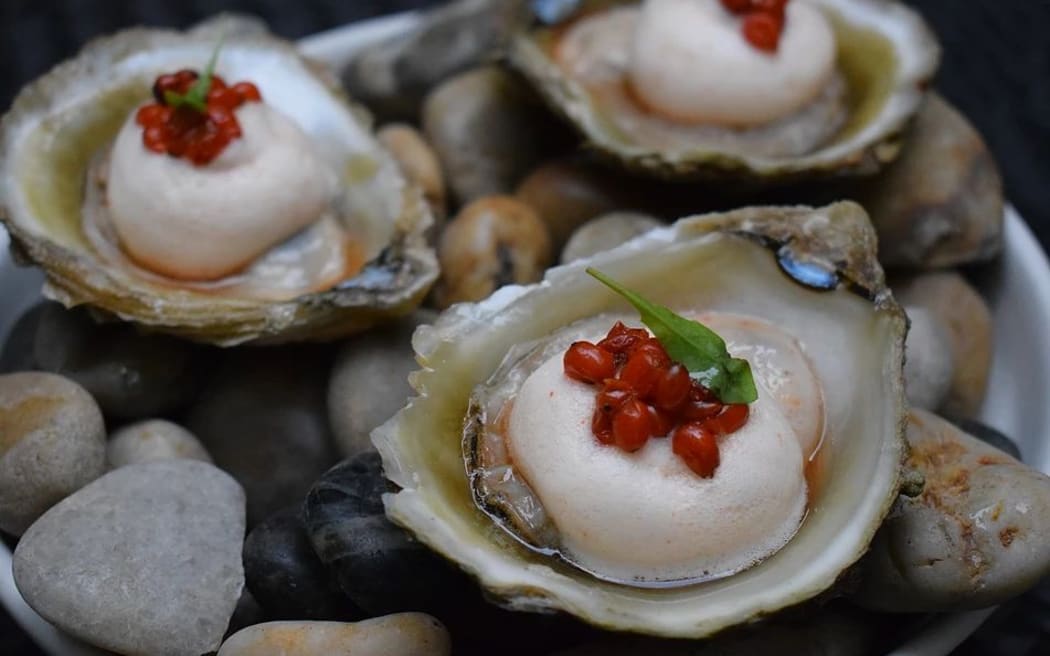 Oysters with karamu mignonette and pickled karamu berries - a dish served at Monique Fiso's Wellington restaurant Hiakai.
