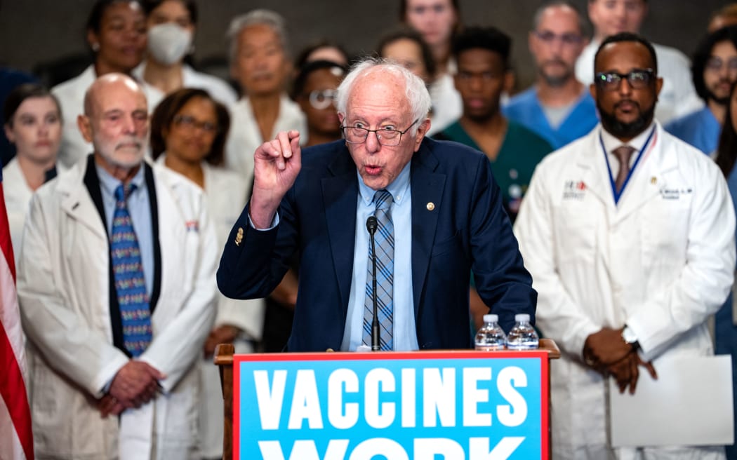 WASHINGTON, DC - SEPTEMBER 9: Sen. Bernie Sanders (I-VT), along with doctors and public health experts, speaks during a news conference on vaccine safety and efficacy on Capitol Hill on September 9, 2025 in Washington, DC. Sanders, the top Democrat on the Senate Health, Education, Labor and Pensions Committee, spoke about the importance of vaccines, following a recent heated Senate Finance Committee hearing in which Health and Human Services Secretary Robert F. Kennedy Jr. defended his vaccine policies, clashed with Democrats and faced scrutiny for forcing out the new director of the Centers for Disease Control and Prevention.   Kent Nishimura/Getty Images/AFP (Photo by Kent Nishimura / GETTY IMAGES NORTH AMERICA / Getty Images via AFP)