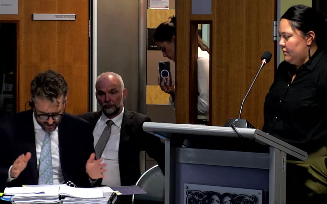A Crown lawyer (left) struggled with having to translate te reo Māori statements by Ngāi Te Rangi representative Roimata Stanley-Kaweroa (right) at the Waitangi Tribunal hearing on 10 June, 2024.
