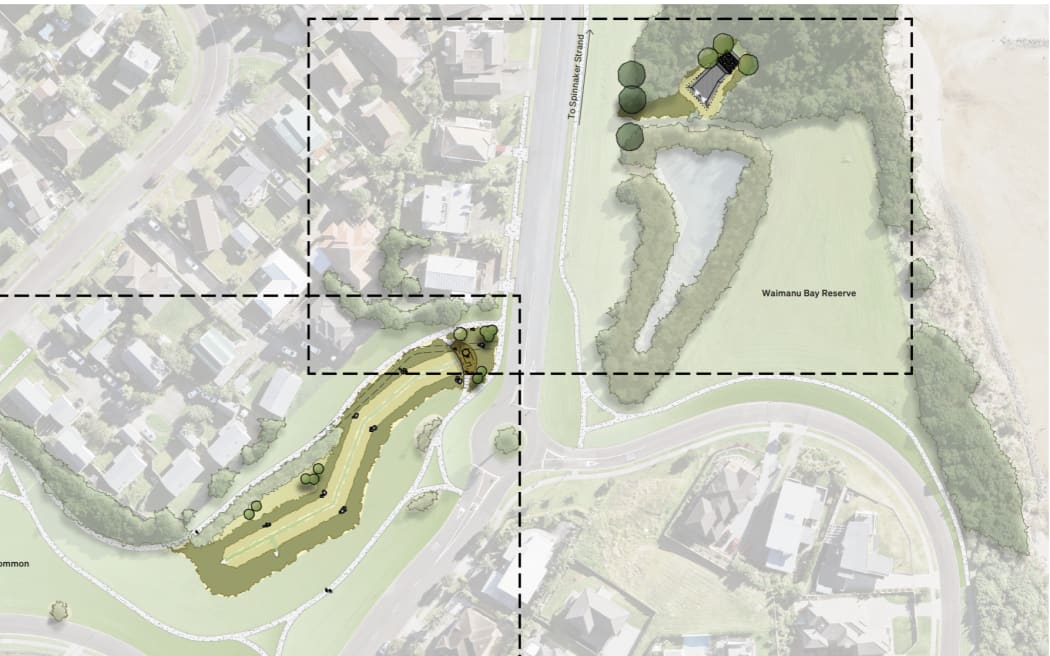 Bottom left: A section of stream under a reserve on the eastern side of Te Atatū Peninsula that Auckland council is planning to 'daylight'. Top right: The current outfall, where they newly daylighted stream would join the existing outfall after travelling under the road.