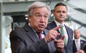 United Nations Secretary-General Antonio Guterres (left) speaks to the media after he attended a breakfast with youth climate change and environmental leaders chaired by the Minister for Climate Change James Shaw.