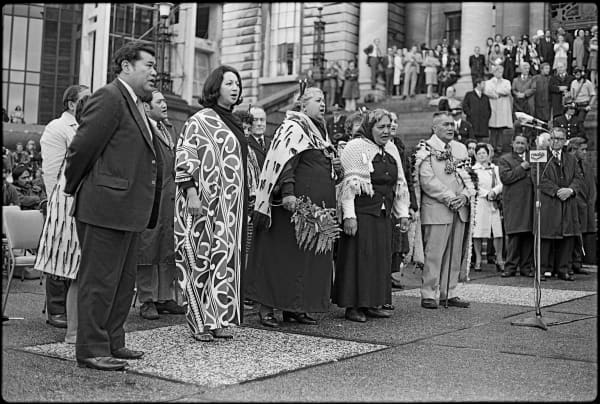 MP Whetū Tirikātene-Sullivan (second from left) was a leader in contemporary Māori fashion. Here outside Parliament in 1975, receiving Whina Cooper’s hīkoi.