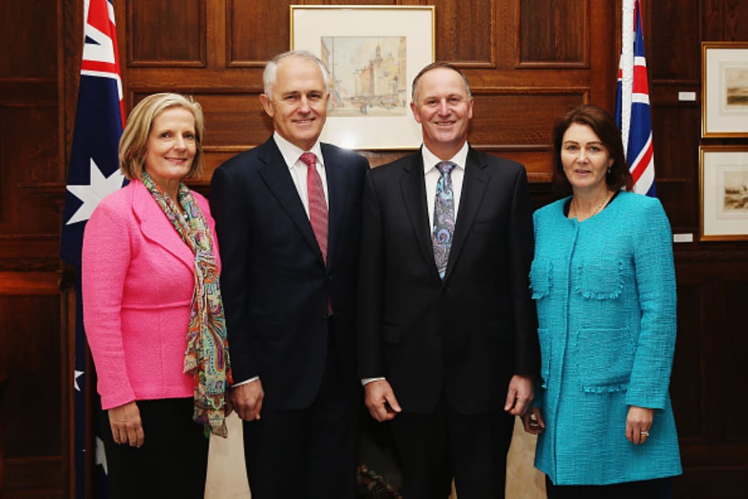 Lucy Turnbull, Australian Prime Minister Malcolm Turnbull, New Zealand Prime Minister John Key and wife Bronagh Key pose for a photograph at Government House.