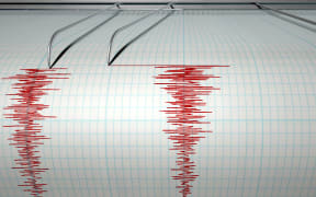 A closeup of a seismograph machine needle drawing a red line on graph paper depicting seismic and eartquake activity on an isolated white background