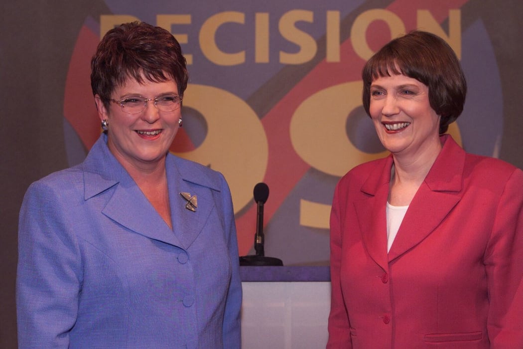 Jenny Shipley and Helen Clark at the TVNZ leaders' debate, Avalon studios, Wellington, November 24, 1999