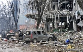 A view of a damaged building after shelling by Russian forces in Ukraine's second-biggest city of Kharkiv on March 3, 2022.
