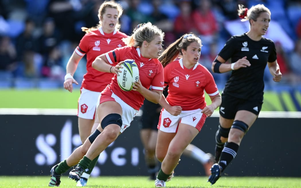 Alex Callender of Wales plays against New Zealand at the Women’s Rugby World Cup pool match in Auckland.