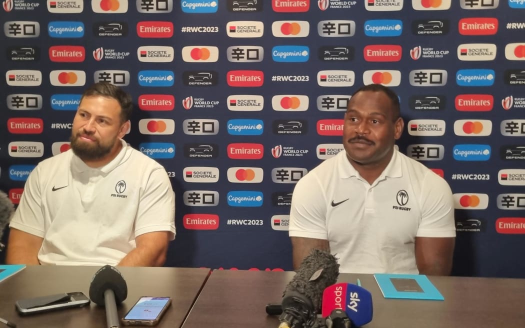 Graham Dewes, left, and Levani Botia at media conference in Marseille.