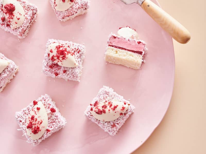 Maxine Schekter's lamington-inspired gateaux: coconut cake, raspberry compote, mousse, and coconut ganache