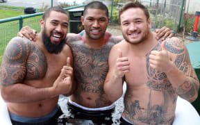 The former Kiwis players Frank Pritchard, Frank-Paul Nuuausala and Jared Waerea-Hargreaves enjoy an ice bath. 2013.