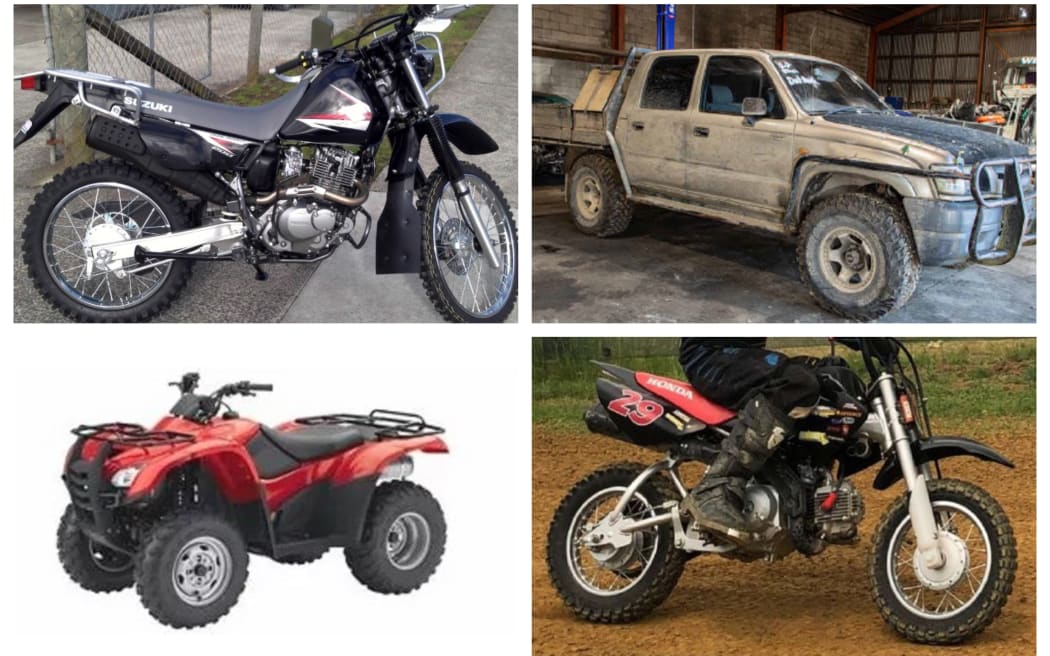 Police are seeking sightings of a Honda 50cc motocross bike, a black Suzuki 200cc trojan, Honda XR 200cc (not pictured), Honda 2008 Four Trax Quad and any historical sightings of a bronze coloured Toyota Hilux ute in connection with Tom Phillips.