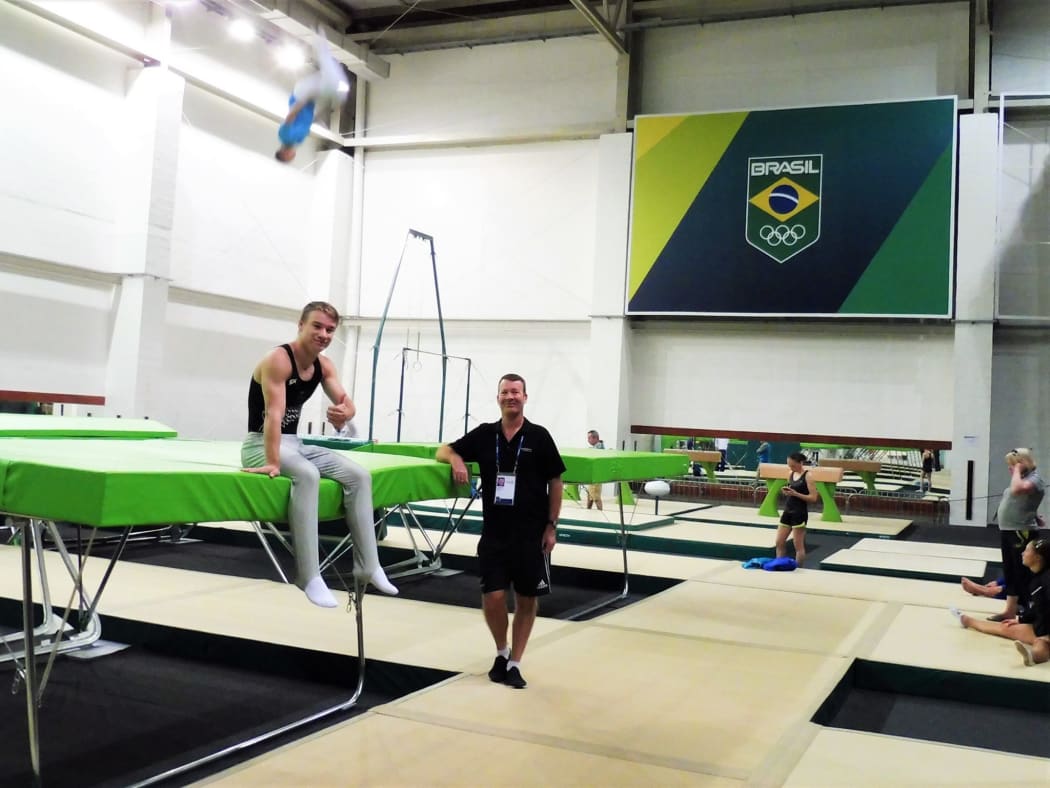 New Zealand trampolinist Dylan Schmidt, left, ahead of the test event in Rio on 20 April 2016.