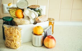 Food donations in box. Food parcel.