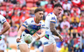 Chanel Harris-Tavita of the Warriors passes the ball during the NRL Round 23 match between the Redcliffe Dolphins and New Zealand Warriors at Suncorp Stadium in Brisbane, Sunday, August 11, 2024. (AAP Image/Jono Searle / Photosport) NO ARCHIVING, EDITORIAL USE ONLY