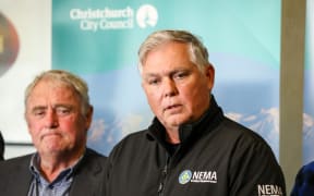 Emergency Management and Recovery Minister Mark Mitchell and Christchurch Mayor Phil Mauger address the flood recovery efforts in Canterbury.
