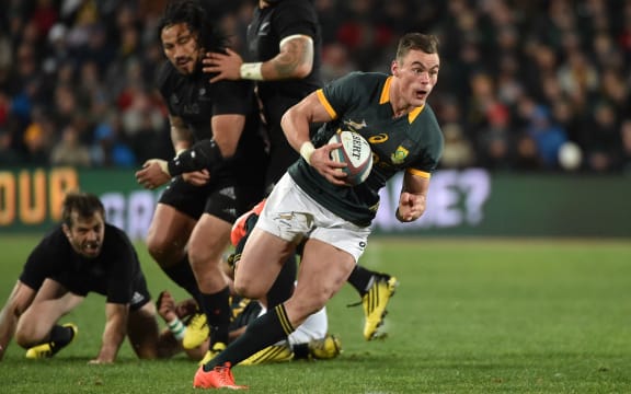 JOHANNESBURG, South Africa, 25 July 2015: Jesse Kriel scores his try for the Springboks in the Rugby Championship Test between SOUTH AFRICA and NEW ZEALAND at Ellis Park in Johannesburg, South Africa, 25 July 2015. Bokke 20 - 27 All Blacks